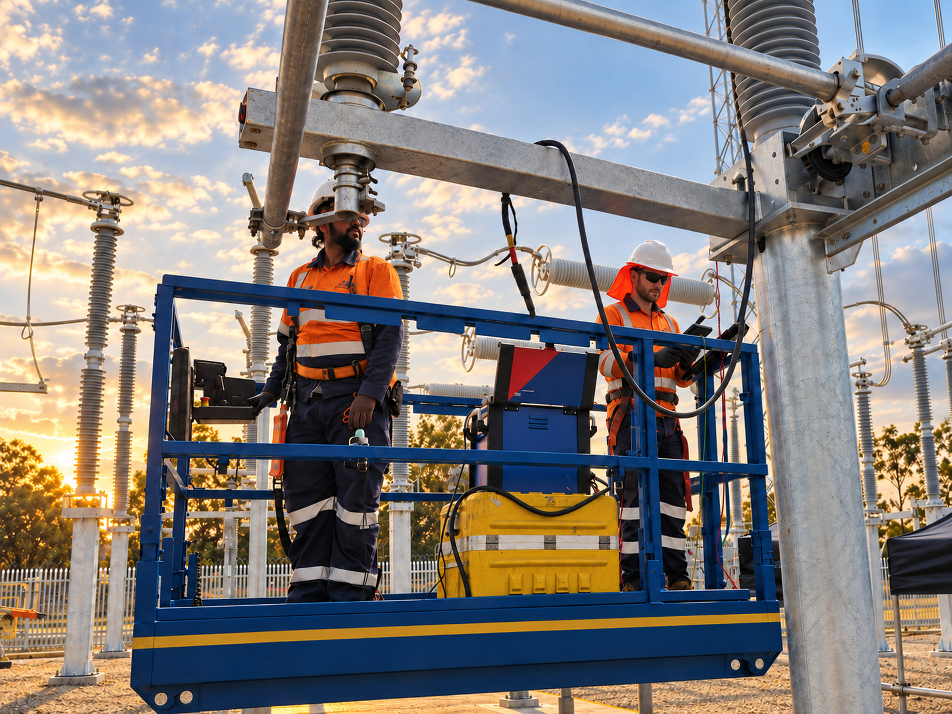TES engineers testing high-voltage plant at an Australian substation at dusk