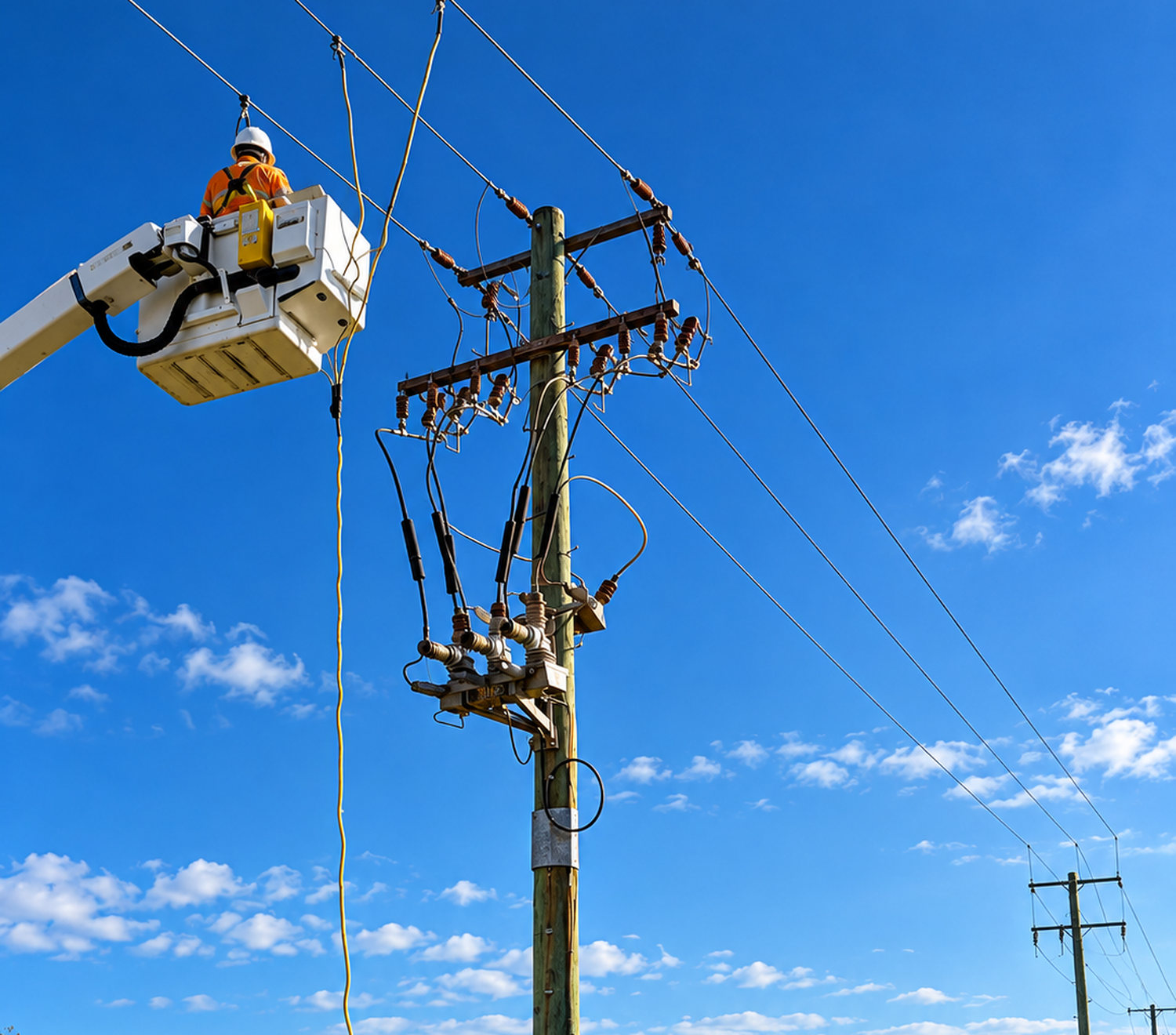 TES technician working from an elevated work platform on pole-mounted distribution equipment