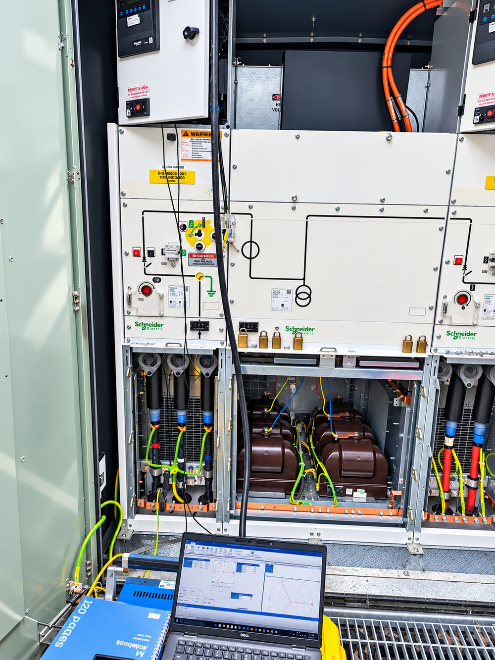 RMU and auxiliary transformer kiosk commissioning with test results on screen